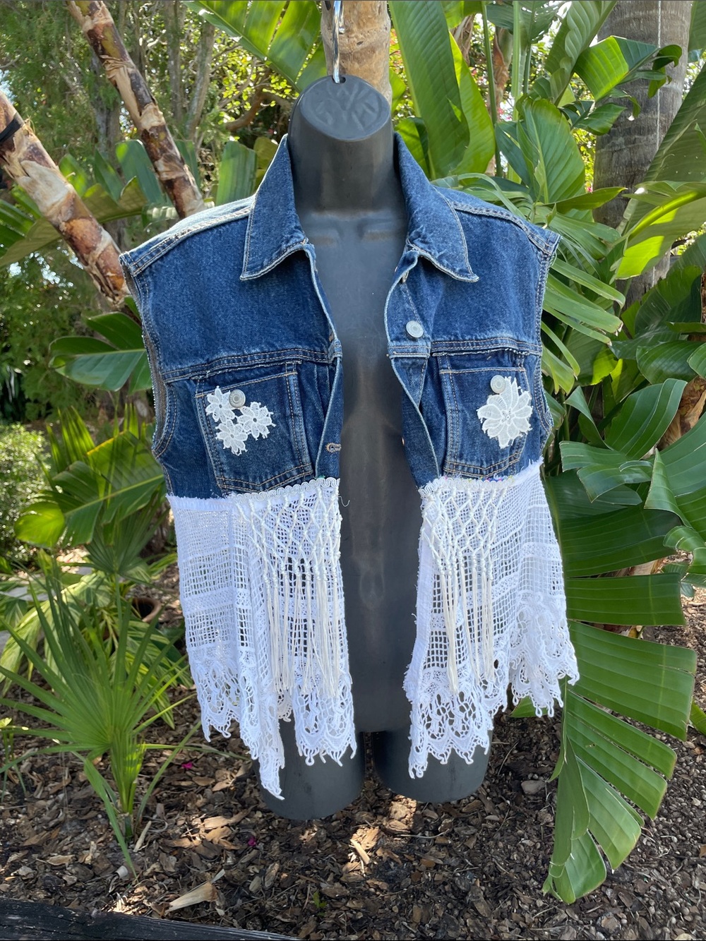 up cycled  denim vest with lace and fringe